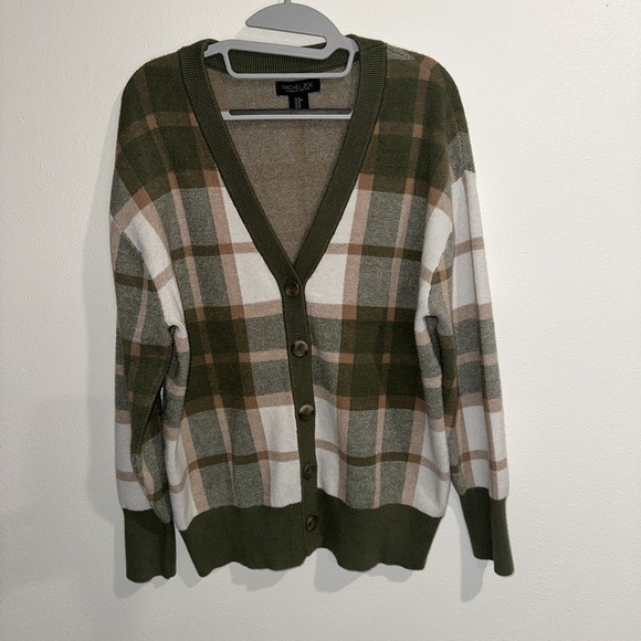 Rachel Zoe Women's Plaid V Neck Soft Knit Cardigan Olive Size M‎ - Picture 1 of 8